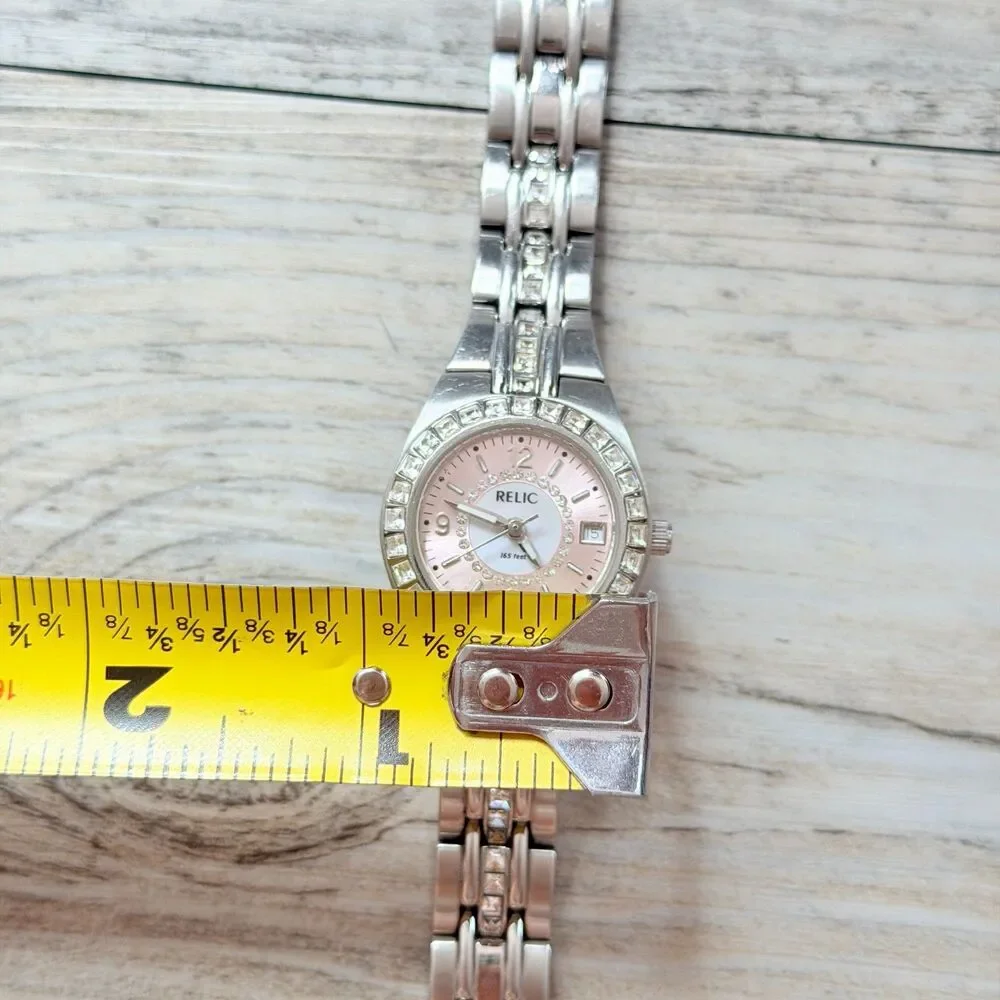 Relic Pink Dial Silver Tone Rhinestone Watch Y2K Glam Crystal Bracelet Date